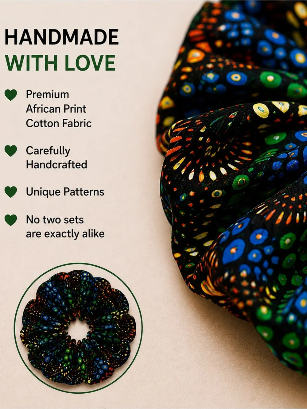 Handmade African Ankara Print Scrunchie & Hoop Earring Set | Green Floral